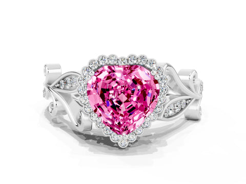White gold Heart Cut Pink Sapphire Halo Ring with Vintage Split Shank and Four-Prong Setting_24
