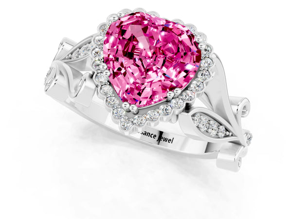 Platinum Heart Cut Pink Sapphire Halo Ring with Vintage Split Shank and Four-Prong Setting