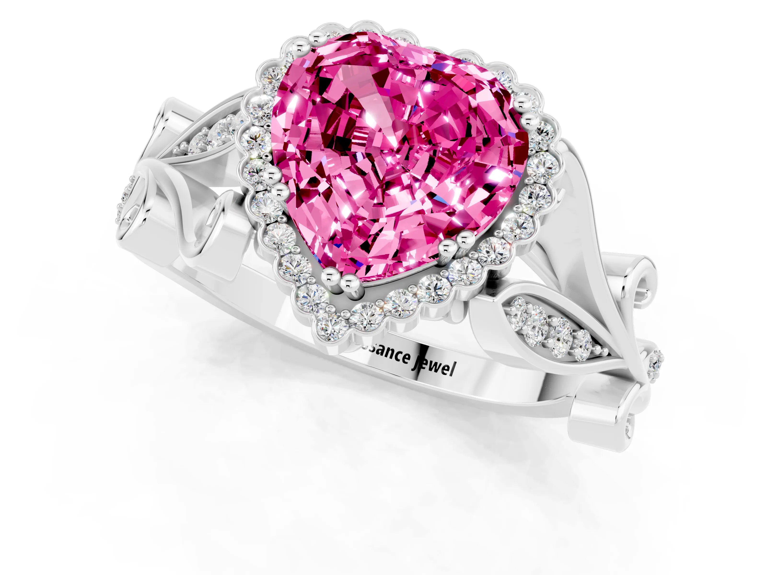 White gold Heart Cut Pink Sapphire Halo Ring with Vintage Split Shank and Four-Prong Setting_25