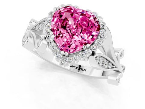 White gold Heart Cut Pink Sapphire Halo Ring with Vintage Split Shank and Four-Prong Setting_25
