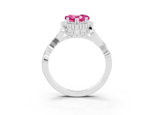 Platinum Heart Cut Pink Sapphire Halo Ring with Vintage Split Shank and Four-Prong Setting