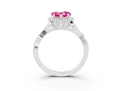 White gold Heart Cut Pink Sapphire Halo Ring with Vintage Split Shank and Four-Prong Setting_27