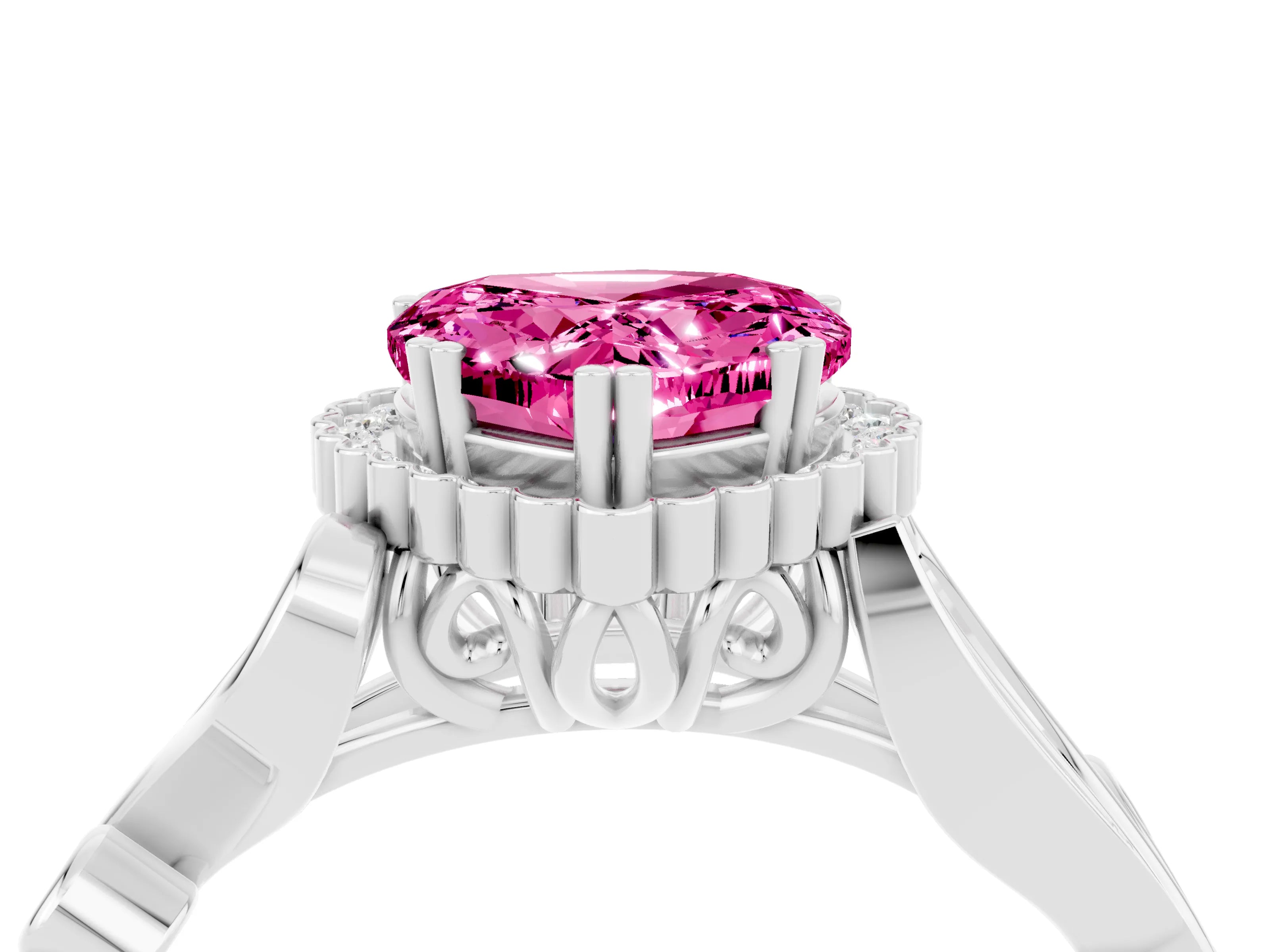 White gold Heart Cut Pink Sapphire Halo Ring with Vintage Split Shank and Four-Prong Setting_28