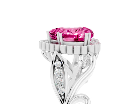 White gold Heart Cut Pink Sapphire Halo Ring with Vintage Split Shank and Four-Prong Setting_29