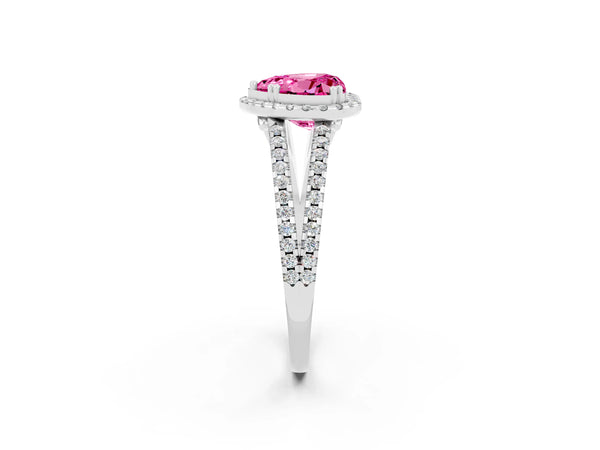 White gold Heart Cut Pink Sapphire Halo Split Shank Engagement Ring