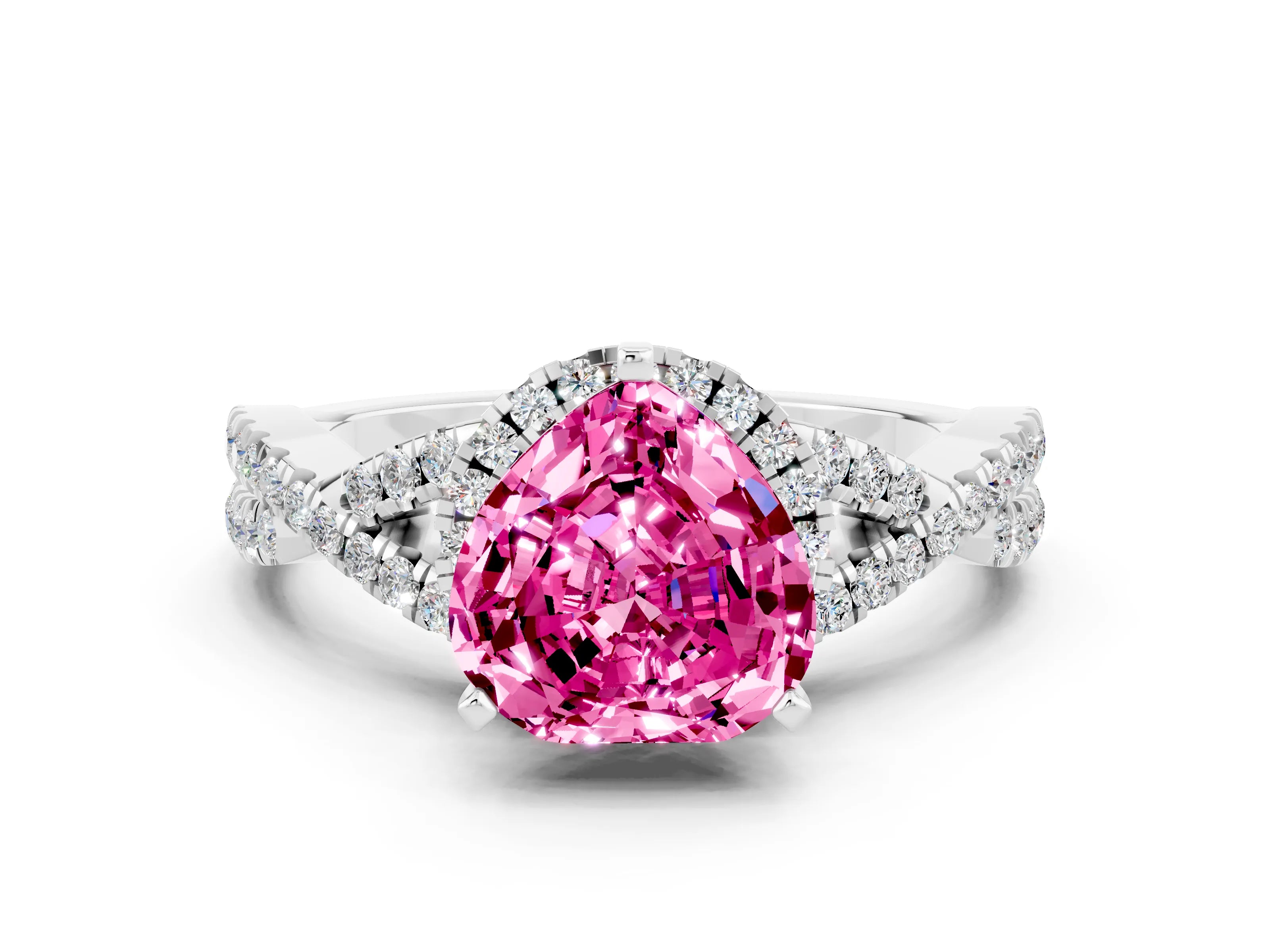 White gold Heart Cut Pink Sapphire Halo Twist Band Solitaire Prong Setting Ring_36