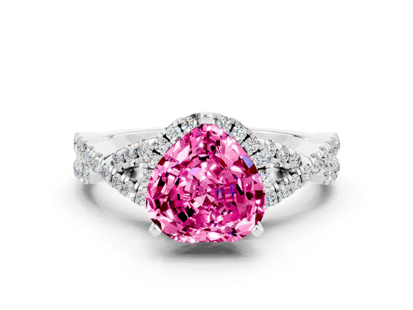 White gold Heart Cut Pink Sapphire  Halo Twist Band Solitaire Prong Setting Ring