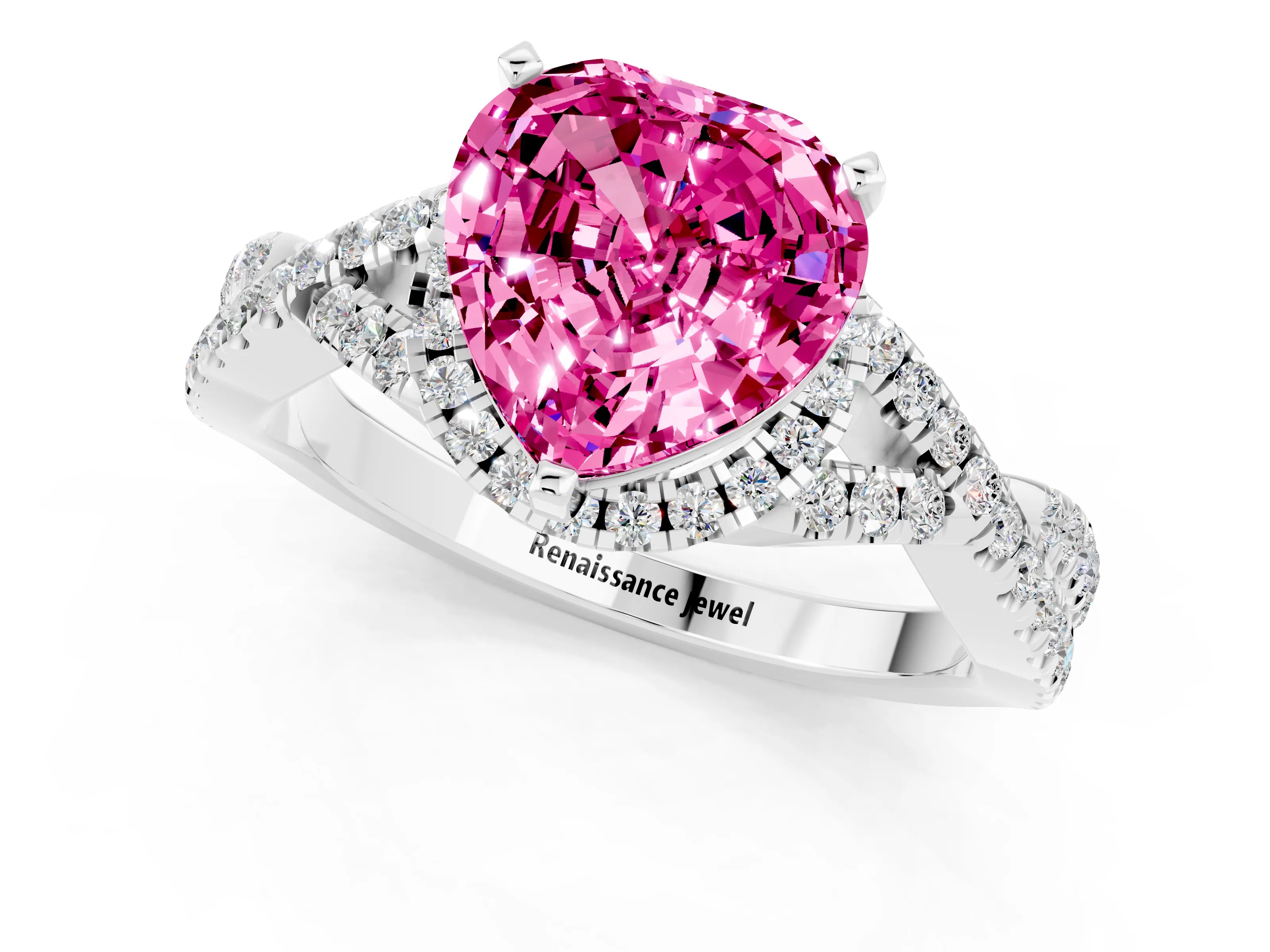 White gold Heart Cut Pink Sapphire Halo Twist Band Solitaire Prong Setting Ring_37