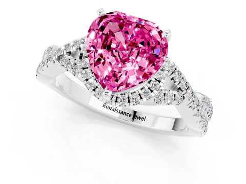 White gold Heart Cut Pink Sapphire Halo Twist Band Solitaire Prong Setting Ring_37