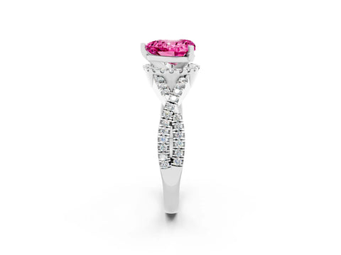 White gold Heart Cut Pink Sapphire Halo Twist Band Solitaire Prong Setting Ring_38