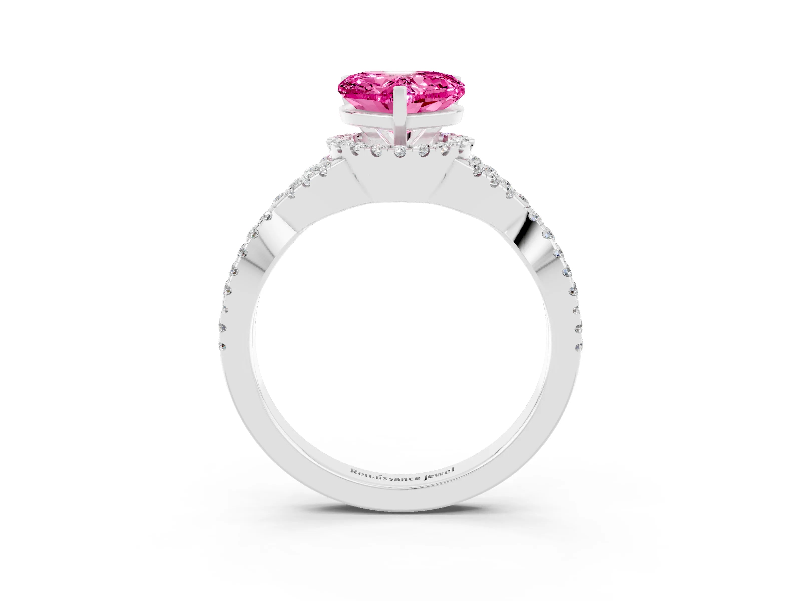 White gold Heart Cut Pink Sapphire Halo Twist Band Solitaire Prong Setting Ring_39