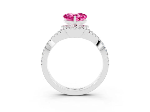 White gold Heart Cut Pink Sapphire Halo Twist Band Solitaire Prong Setting Ring_39