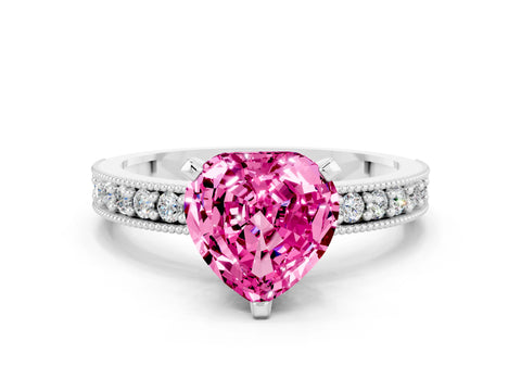 White gold Heart Cut Pink Sapphire Milgrain Pavé Engagement Ring with Four-Prong Setting_36