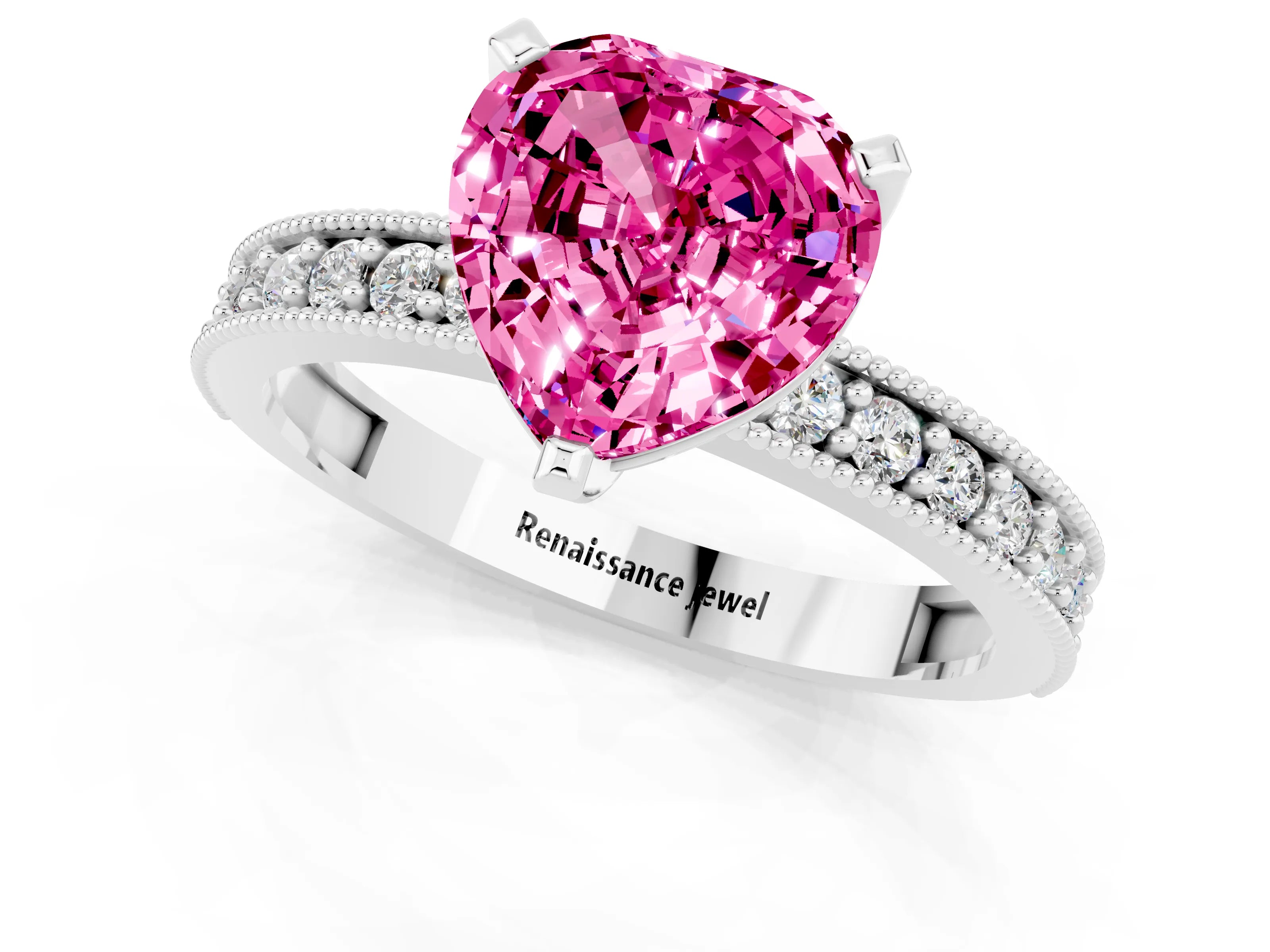 White gold Heart Cut Pink Sapphire Milgrain Pavé Engagement Ring with Four-Prong Setting_37