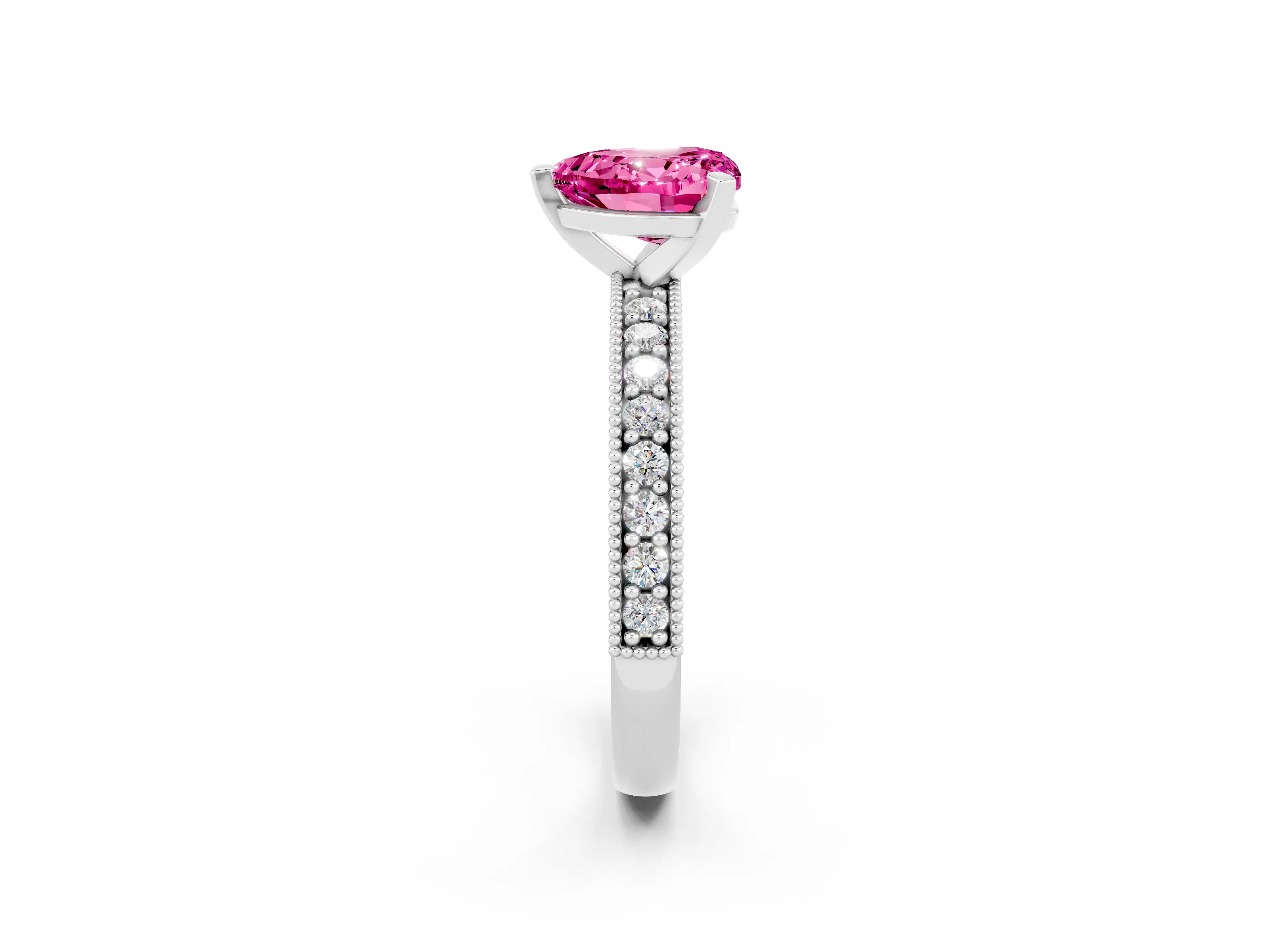 White gold Heart Cut Pink Sapphire Milgrain Pavé Engagement Ring with Four-Prong Setting_38