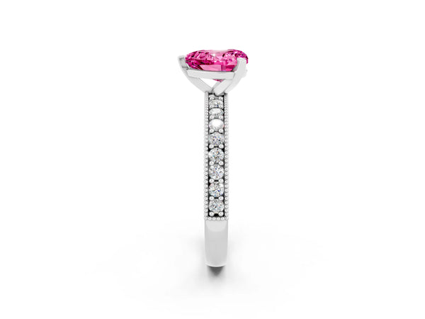 Silver Heart Cut Pink Sapphire Milgrain Pavé Engagement Ring with Four-Prong Setting