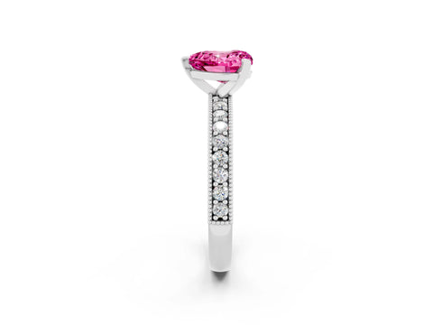 White gold Heart Cut Pink Sapphire Milgrain Pavé Engagement Ring with Four-Prong Setting_38