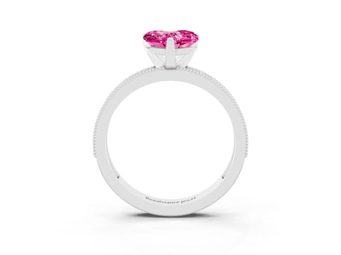 White gold Heart Cut Pink Sapphire Milgrain Pavé Engagement Ring with Four-Prong Setting_39