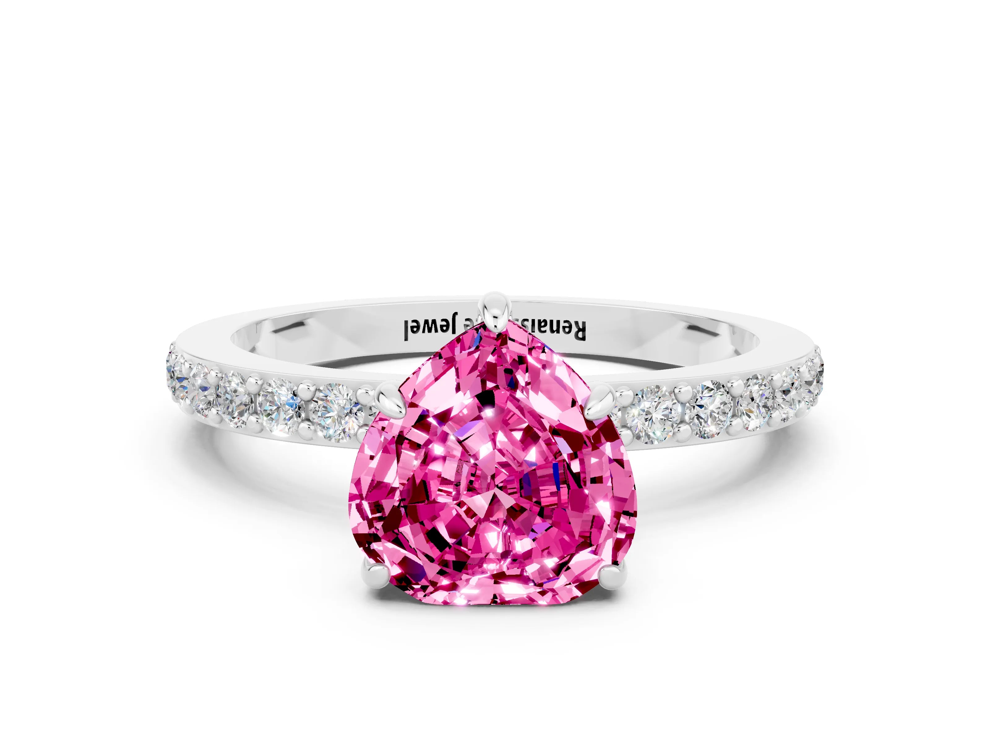 White gold Heart Cut Pink Sapphire Pavé Engagement Ring with Round  Accents and Prong Setting_48