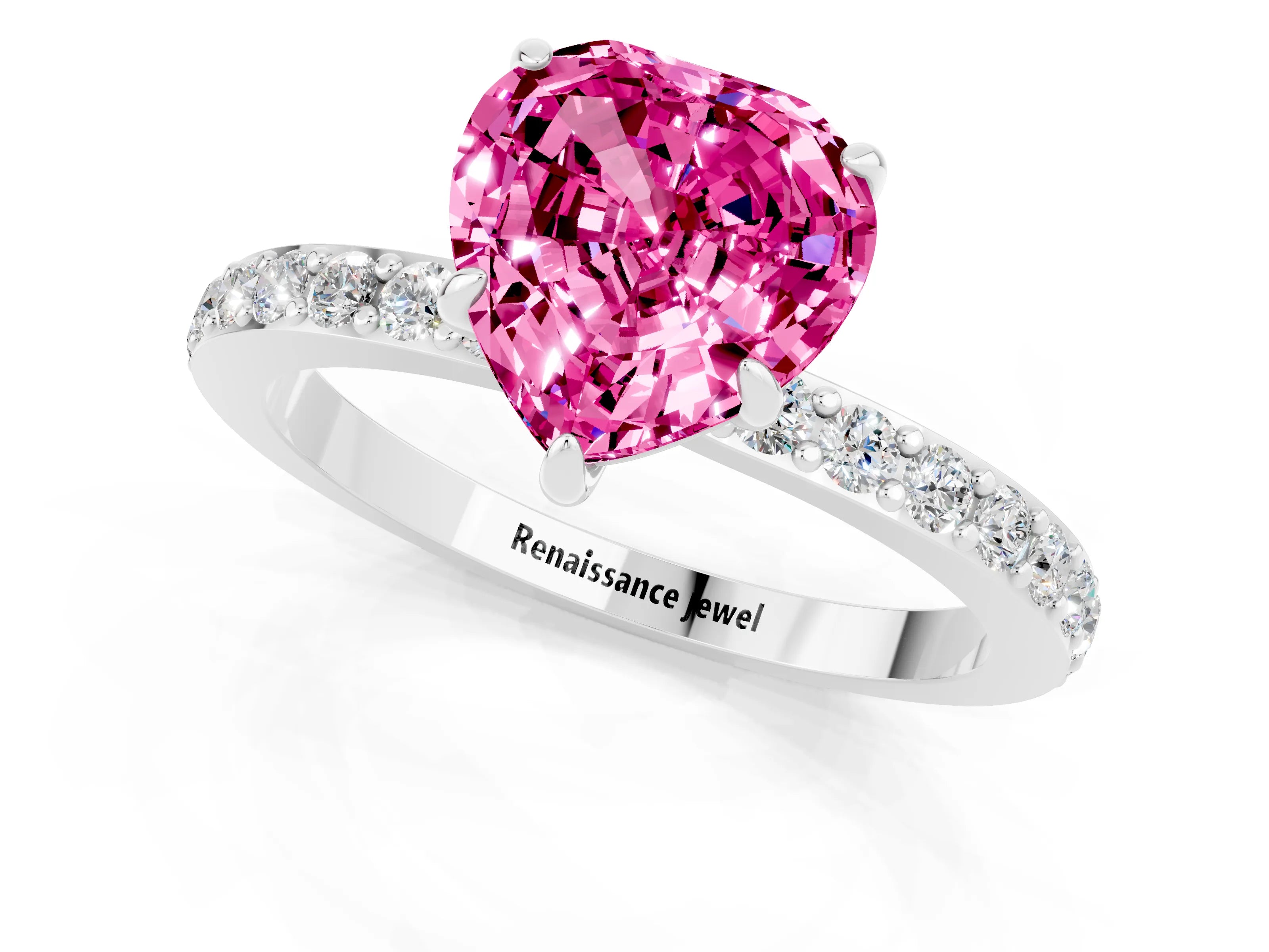 White gold Heart Cut Pink Sapphire Pavé Engagement Ring with Round  Accents and Prong Setting_49