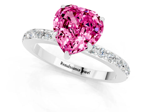 White gold Heart Cut Pink Sapphire Pavé Engagement Ring with Round  Accents and Prong Setting_49