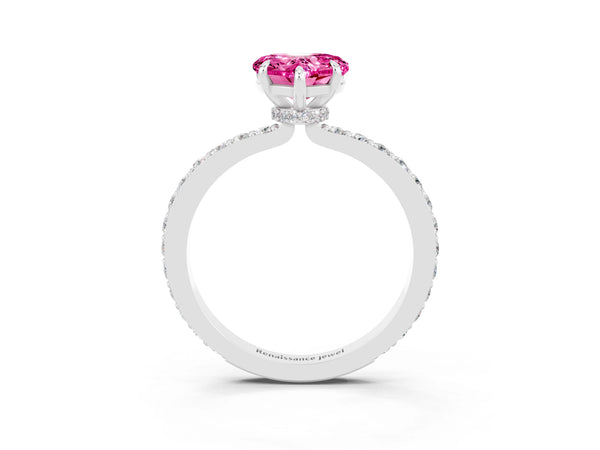 Platinum Heart Cut Pink Sapphire Pavé Engagement Ring with Round  Accents and Prong Setting