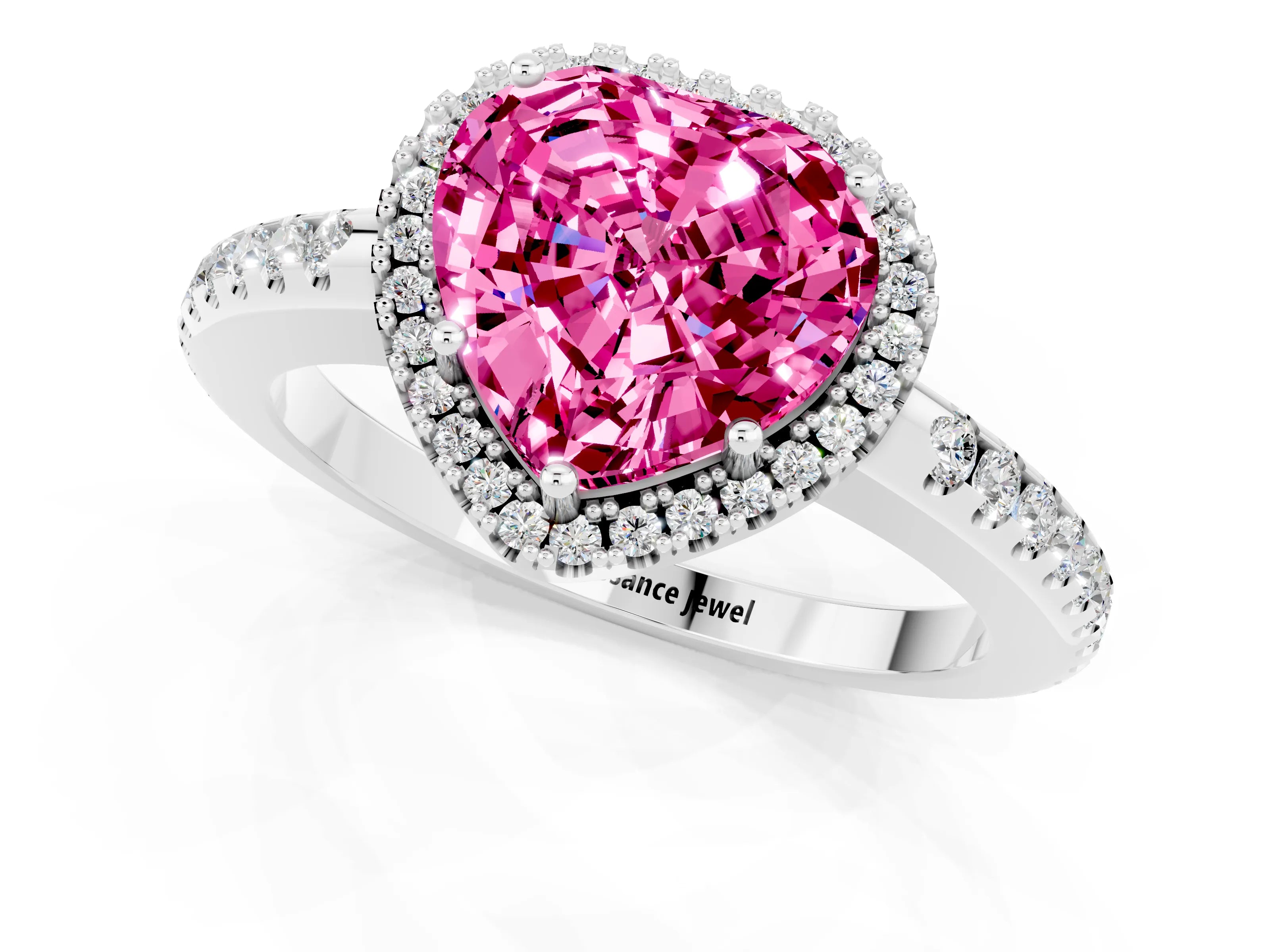 White gold Heart Cut Pink Sapphire Pavé Halo Ring with Four-Prong Setting_13