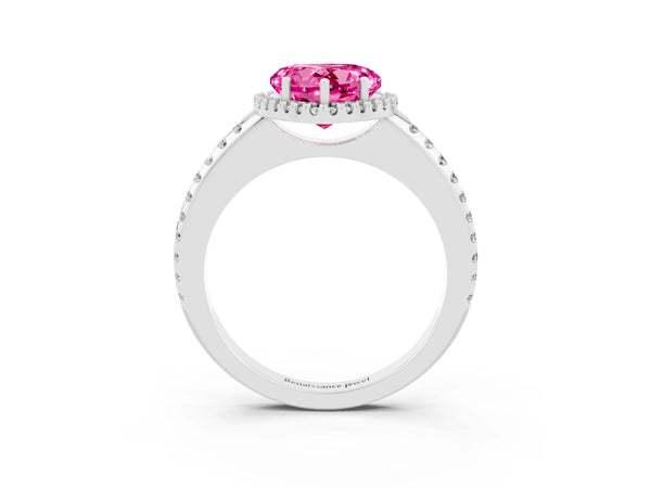 White gold Heart Cut Pink Sapphire Pavé Halo Ring with Four-Prong Setting
