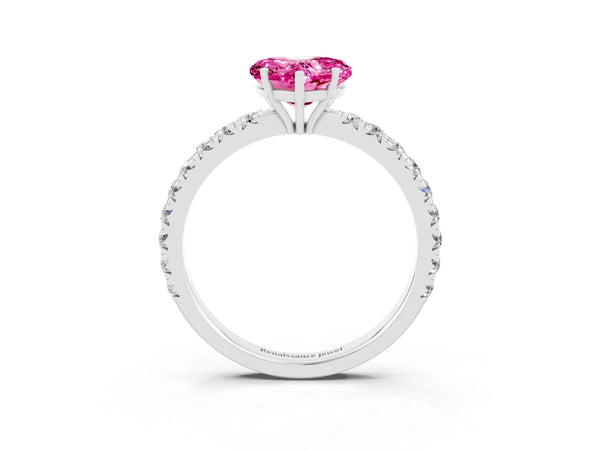 Platinum Heart Cut Pink Sapphire Pavé Solitaire Engagement Ring with Four-Prong Setting