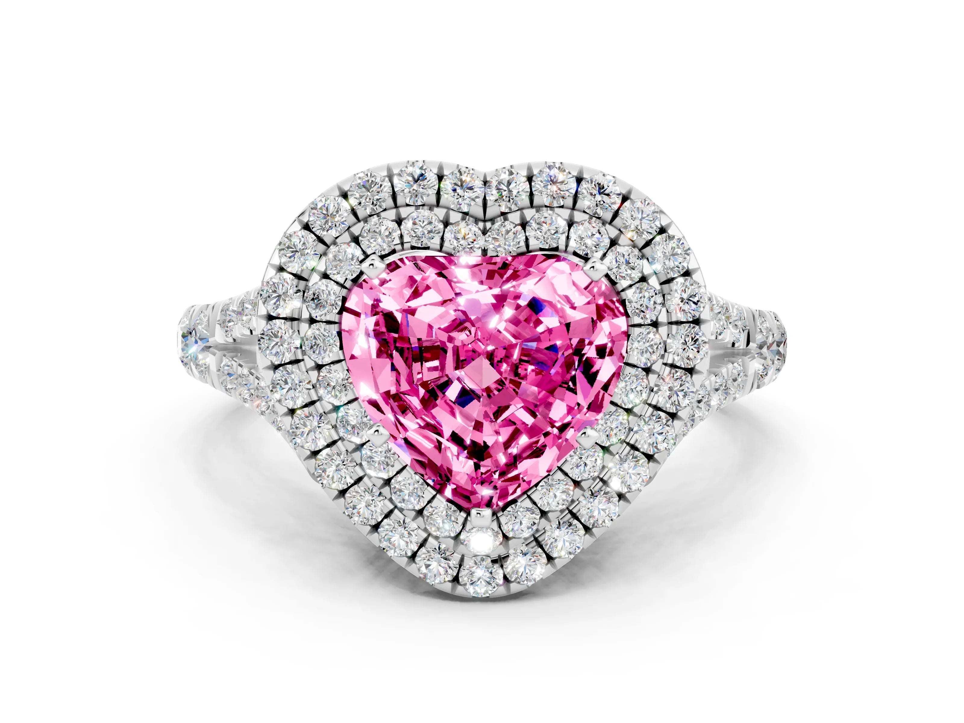 White gold Heart Cut Pink Sapphire Pavé Split Shank Double Halo Engagement Ring