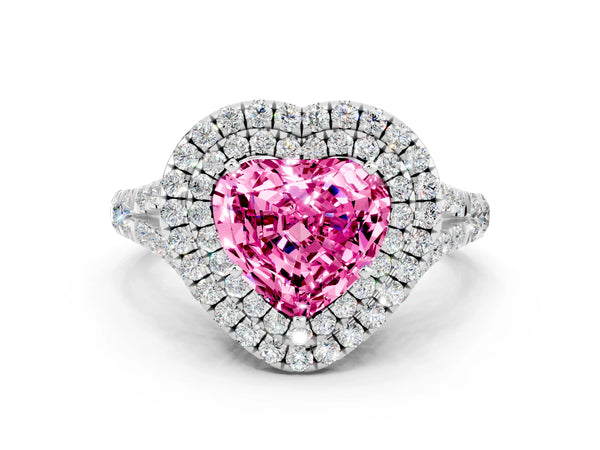 White gold Heart Cut Pink Sapphire Pavé Split Shank Double Halo Engagement Ring