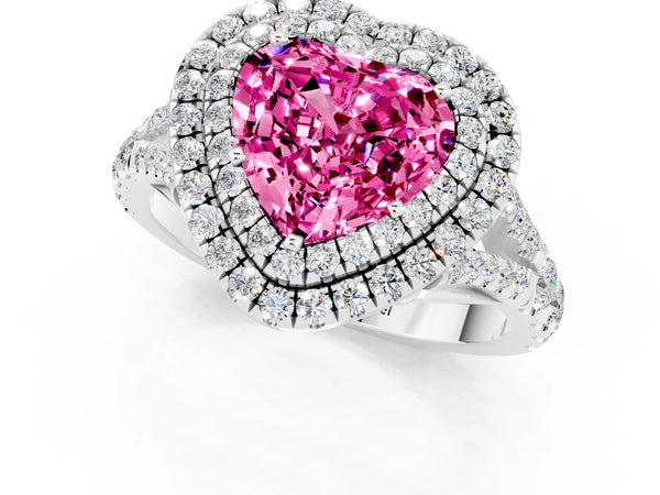 Silver Heart Cut Pink Sapphire Pavé Split Shank Double Halo Engagement Ring