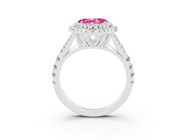 Silver Heart Cut Pink Sapphire Pavé Split Shank Double Halo Engagement Ring