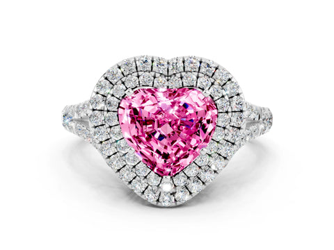 White gold Heart Cut Pink Sapphire Pavé Split Shank Double Halo Engagement Ring