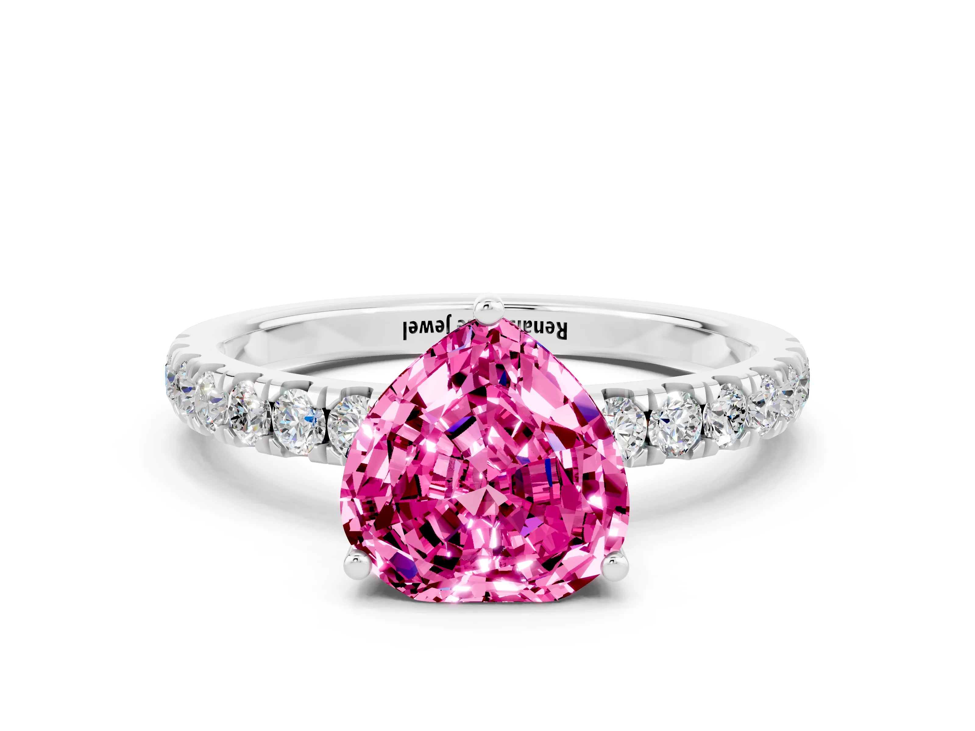 White gold Heart Cut Pink Sapphire Pave Band Solitaire Ring with Four-Prong Setting_60