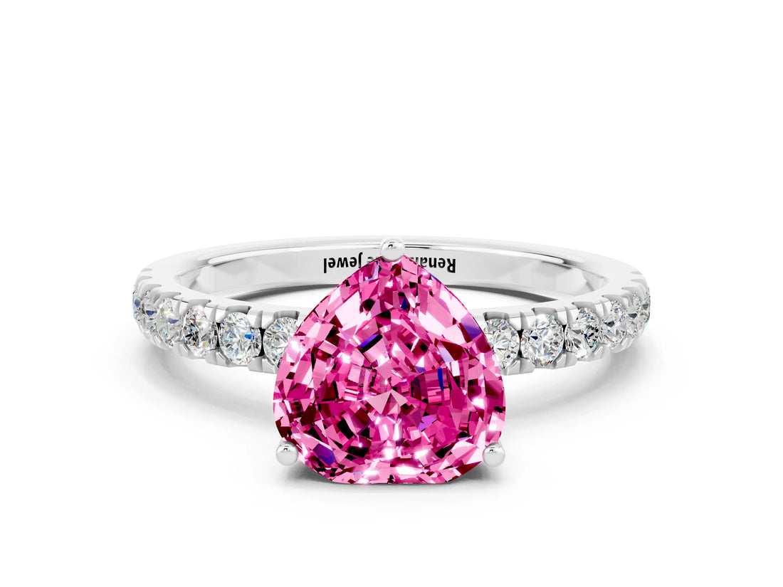 White gold Heart Cut Pink Sapphire Pave Band Solitaire Ring with Four-Prong Setting_60