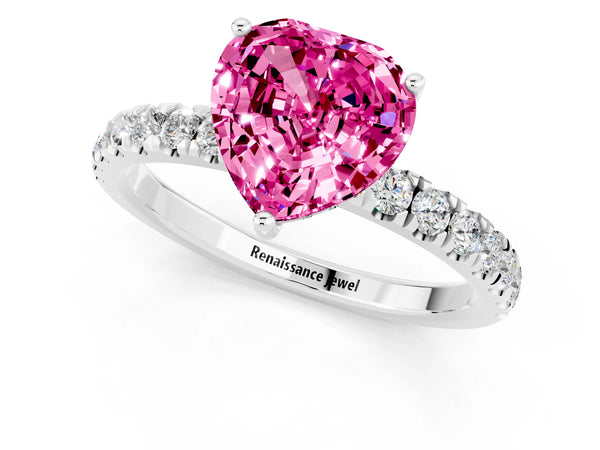 Platinum Heart Cut Pink Sapphire Pave Band Solitaire Ring with Round  and Prong Setting