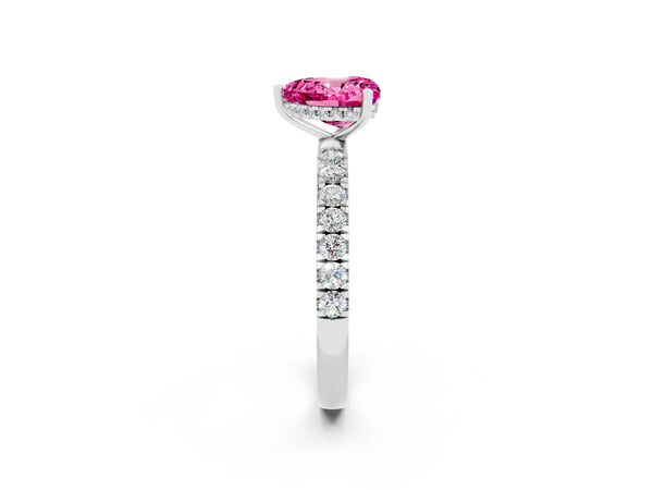Platinum Heart Cut Pink Sapphire Pave Band Solitaire Ring with Round  and Prong Setting