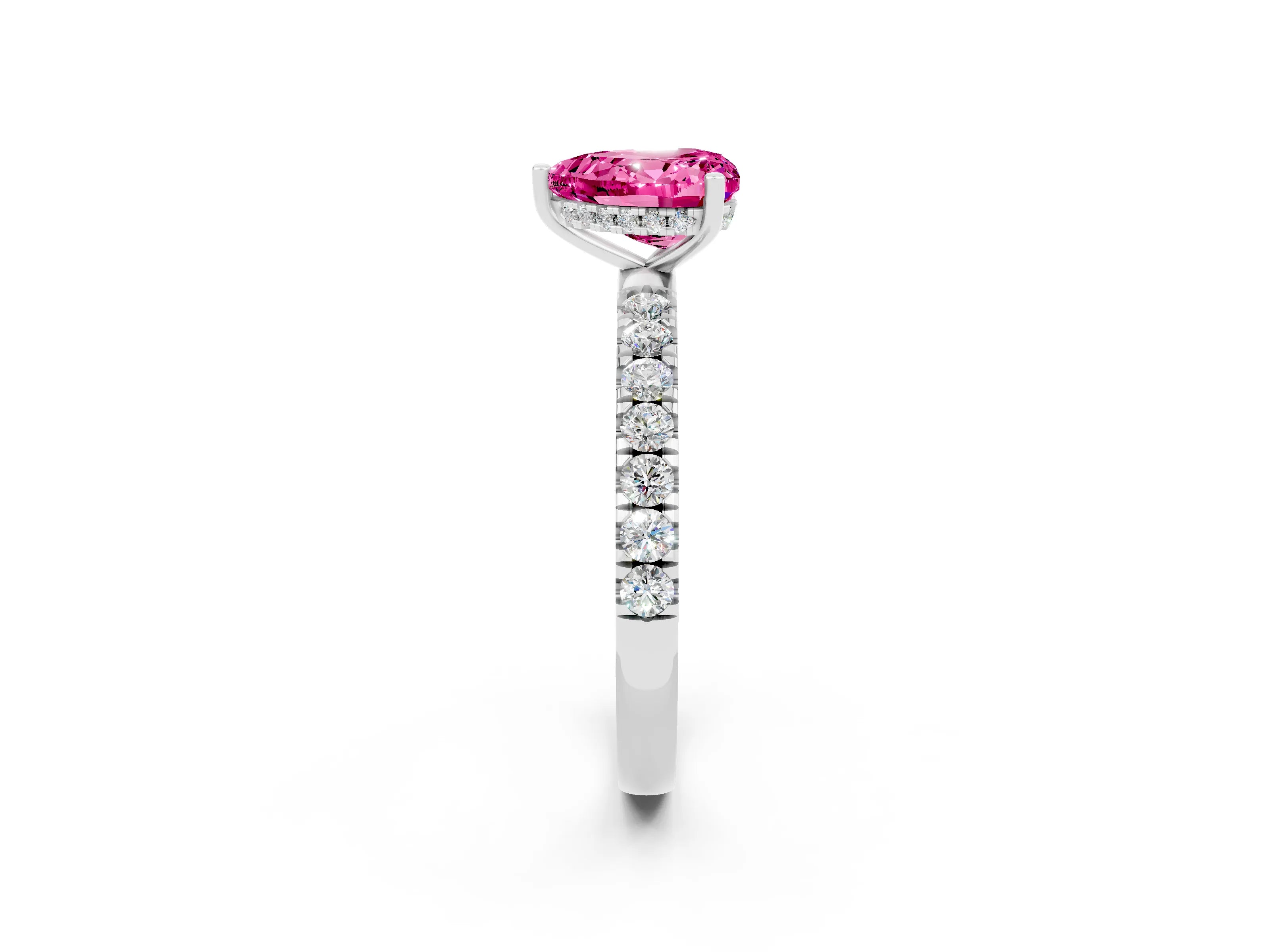 White gold Heart Cut Pink Sapphire Pave Band Solitaire Ring with Four-Prong Setting_62