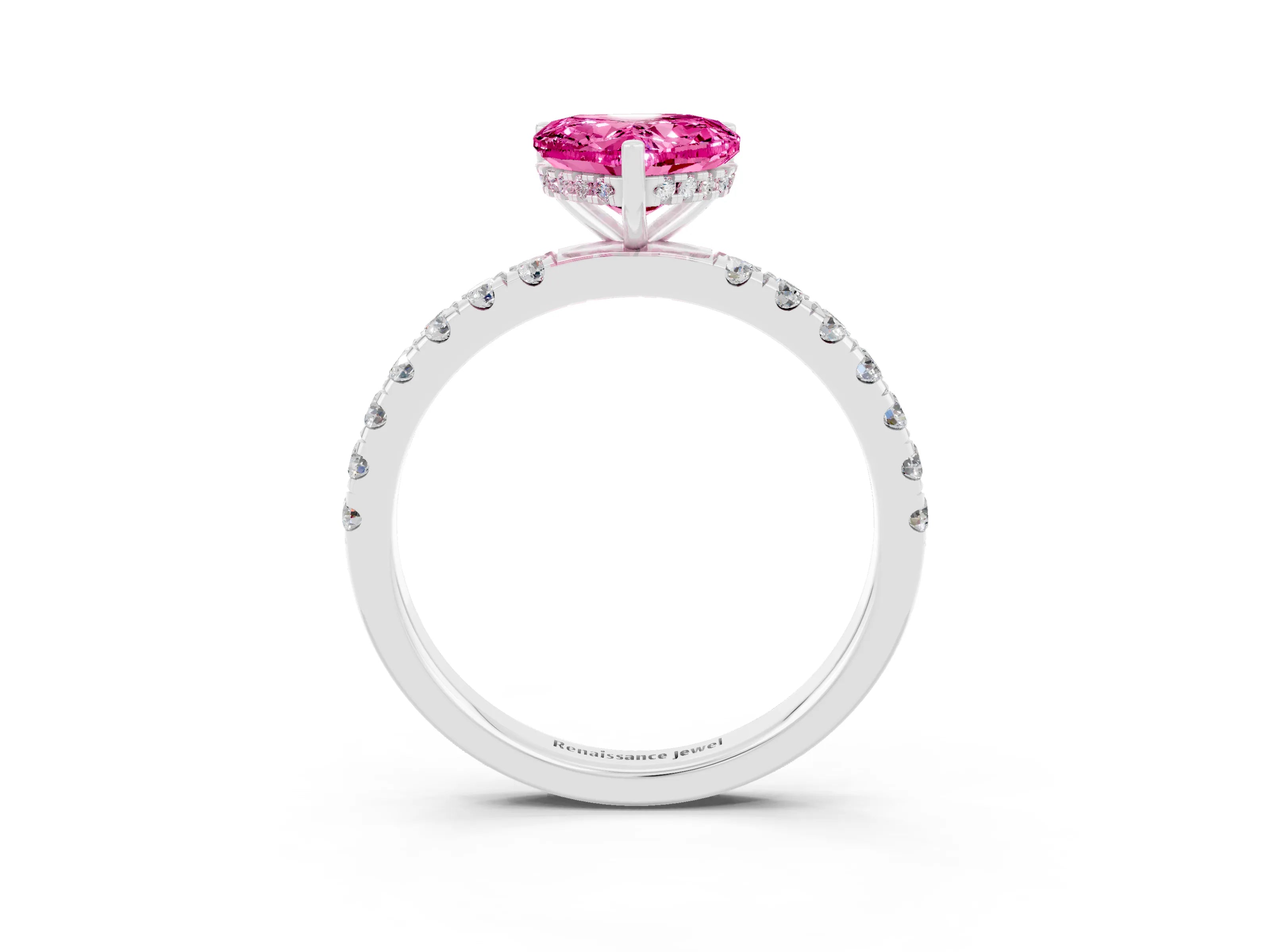 White gold Heart Cut Pink Sapphire Pave Band Solitaire Ring with Four-Prong Setting_63
