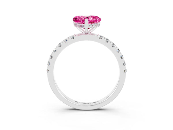 White gold Heart Cut Pink Sapphire Pave Band Solitaire Ring with Round  and Prong Setting