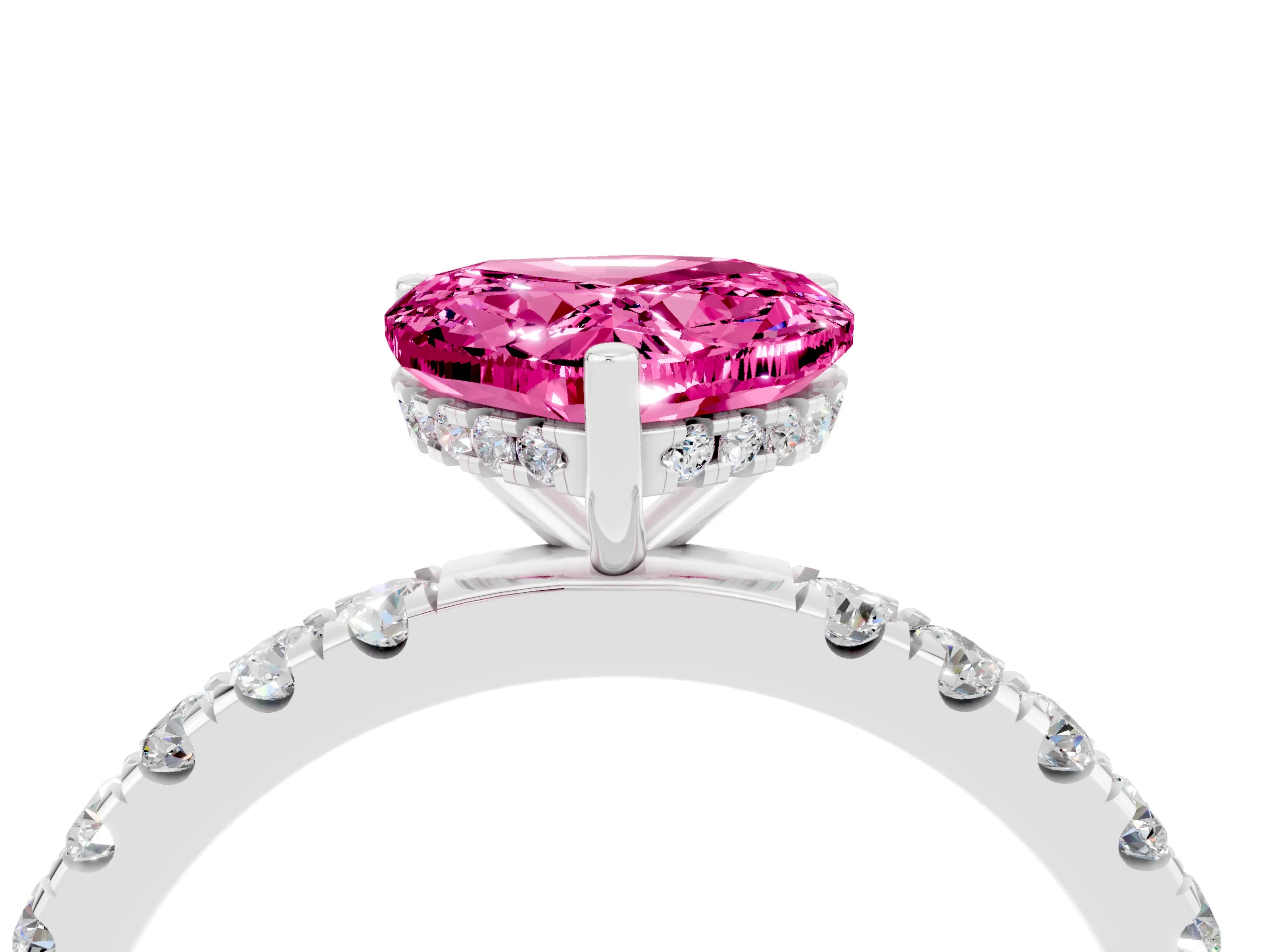 White gold Heart Cut Pink Sapphire Pave Band Solitaire Ring with Four-Prong Setting_64