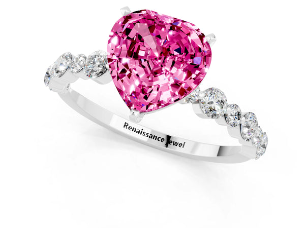 Platinum Heart Cut Pink Sapphire Prong Set Engagement Ring with Pavé Band
