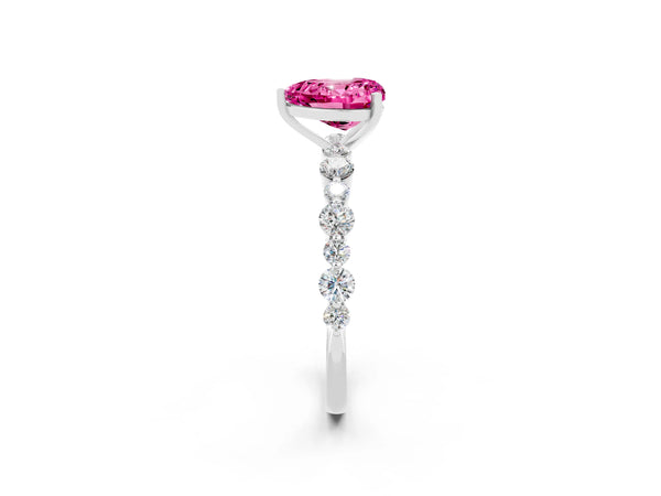 Platinum Heart Cut Pink Sapphire Prong Set Engagement Ring with Pavé Band