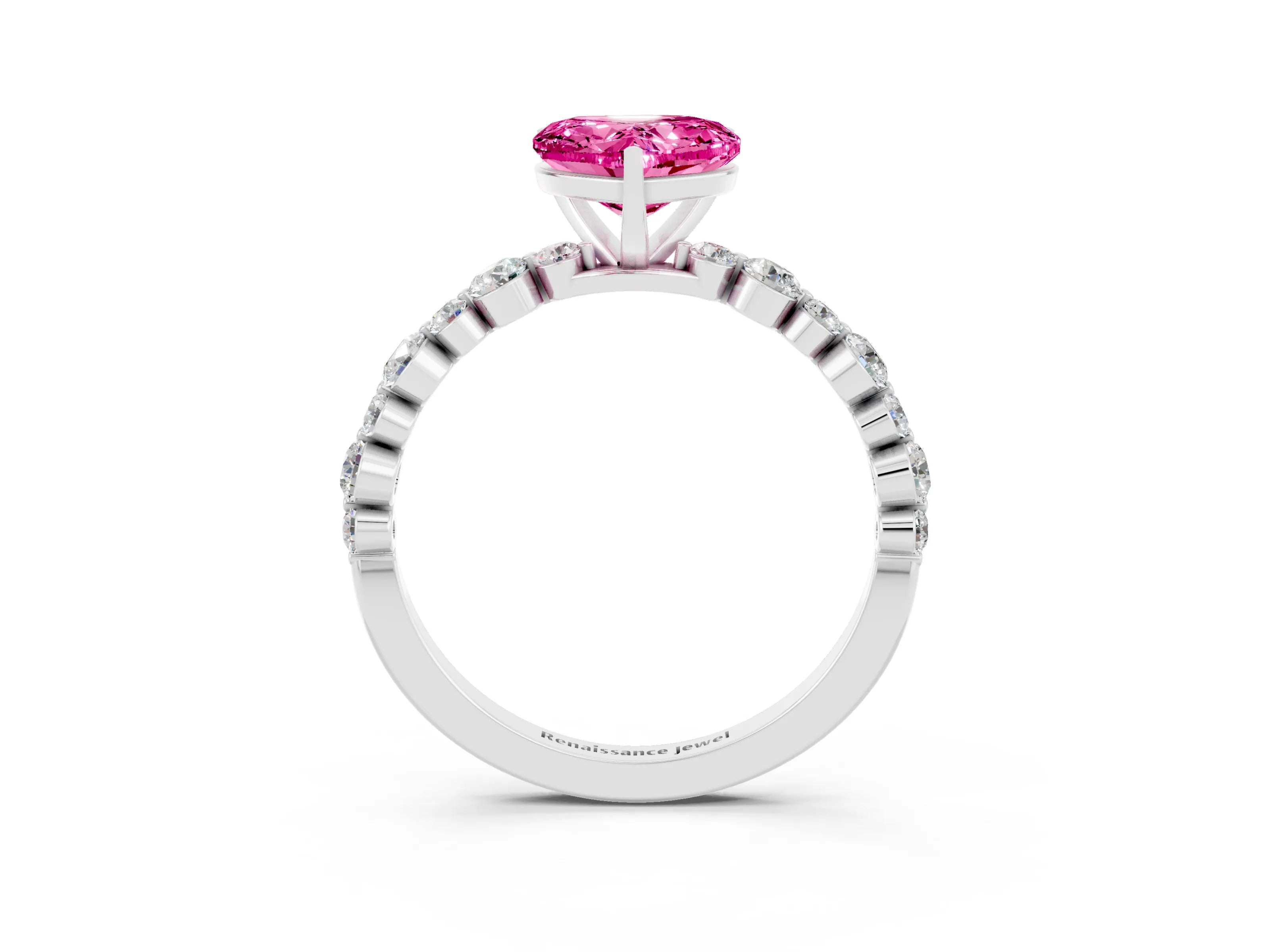 White gold Heart Cut Pink Sapphire Prong Set Engagement Ring with Pavé Band_15