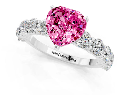 White gold Heart Cut Pink Sapphire Prong Setting with Side Stones on a Pave Band_25