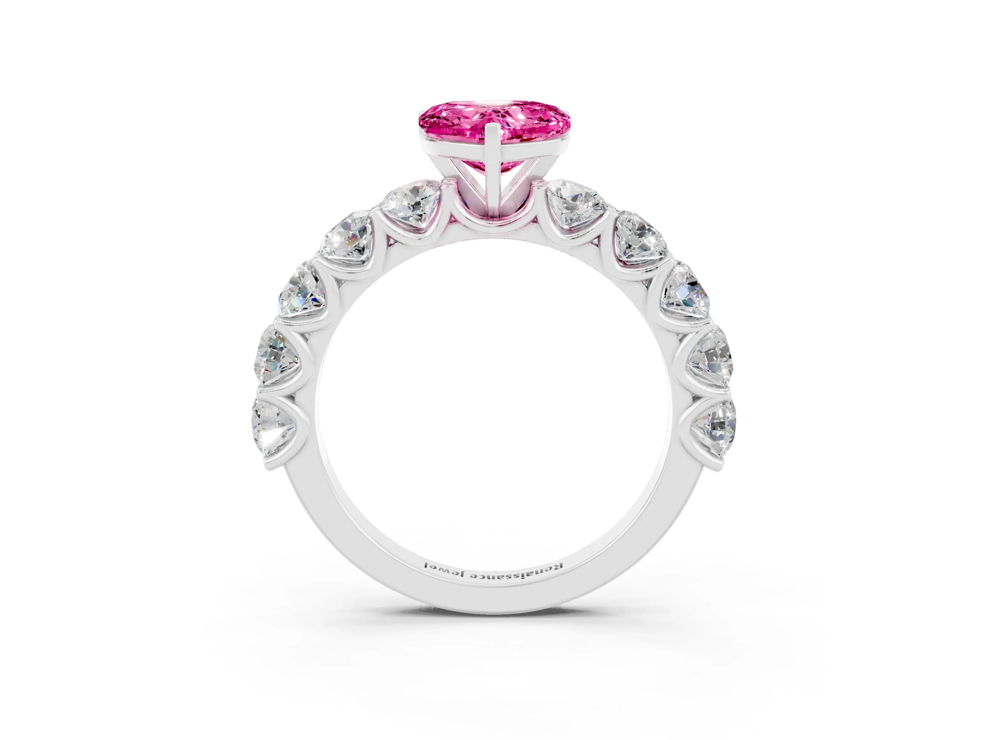 White gold Heart Cut Pink Sapphire Prong Setting with Side Stones on a Pave Band_27