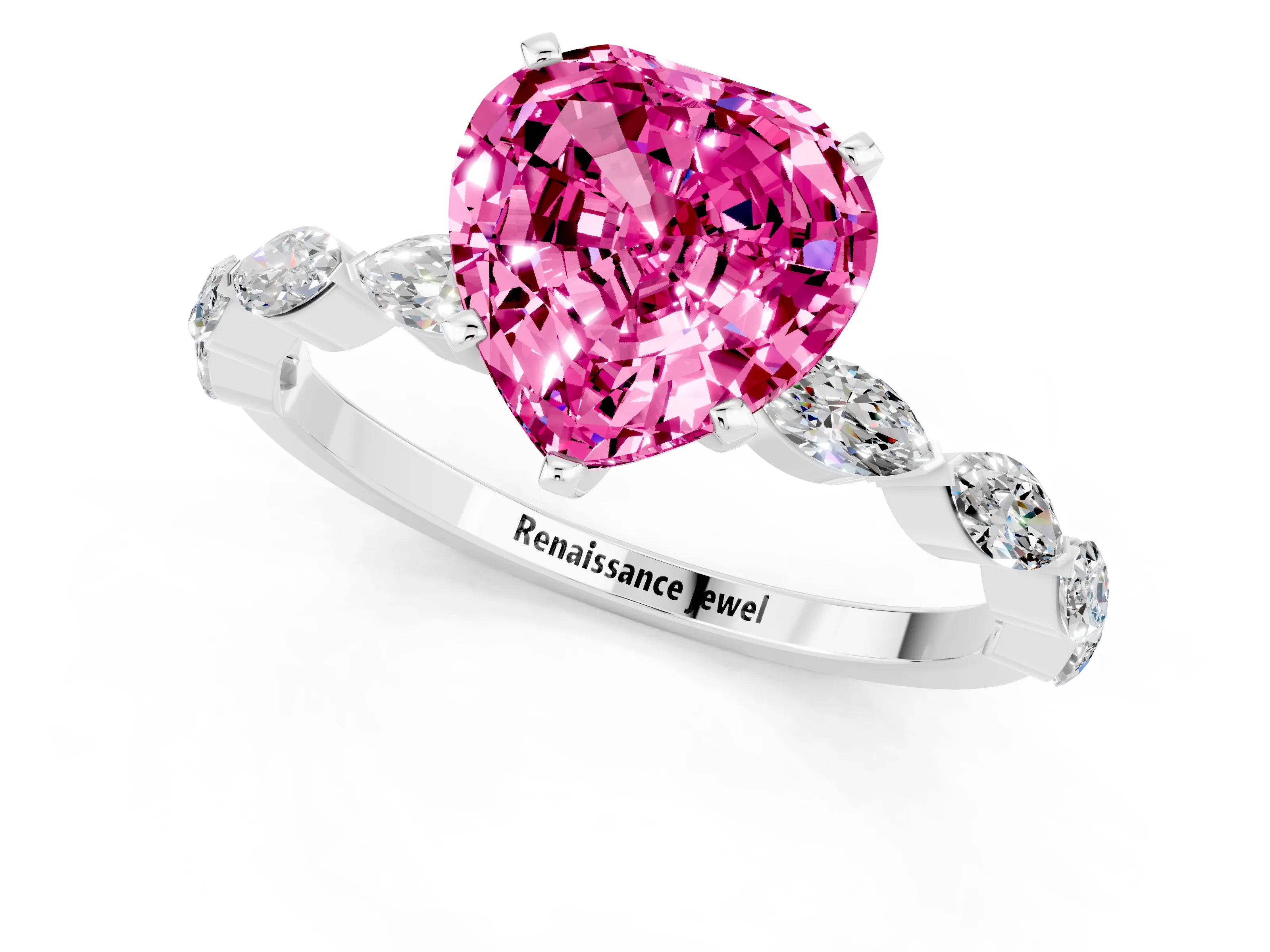 White gold Heart Cut Pink Sapphire Ring with Marquise Side Stones and Prong Setting_13