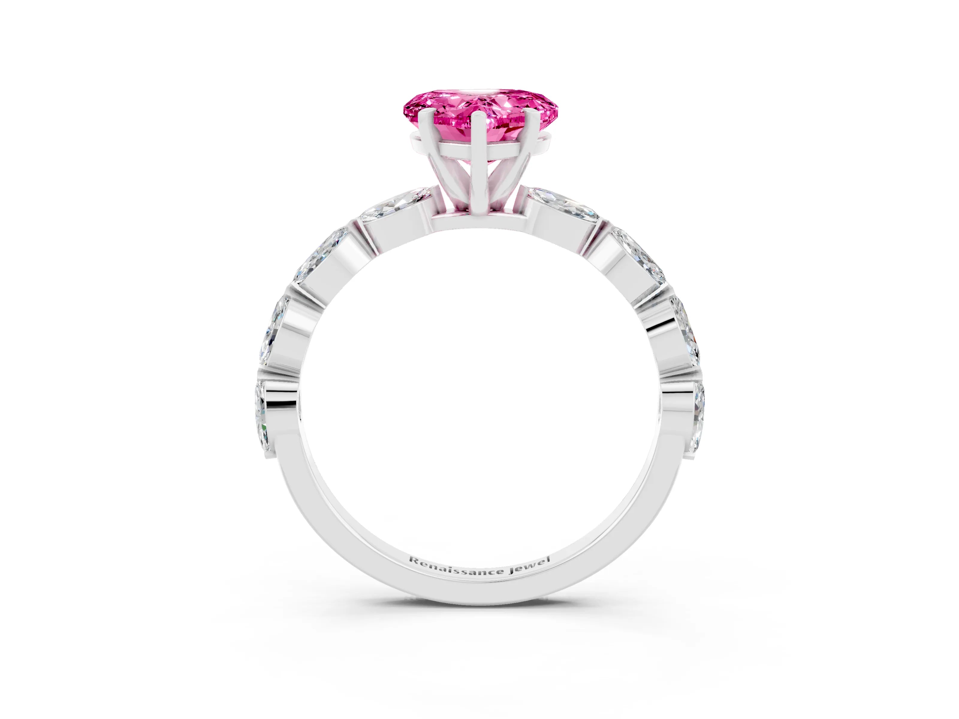 White gold Heart Cut Pink Sapphire Ring with Marquise Side Stones and Prong Setting_15
