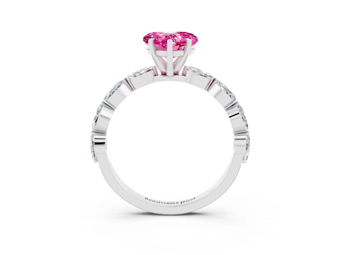White gold Heart Cut Pink Sapphire Ring with Marquise Side Stones and Prong Setting_15